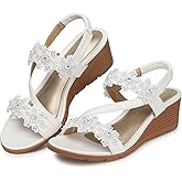 TEMOFON Wedge Sandals for Women Dressy: Summer Open Toe Elastic Ankle Strap - Comfortable Bohemian Low Wedge Sandals