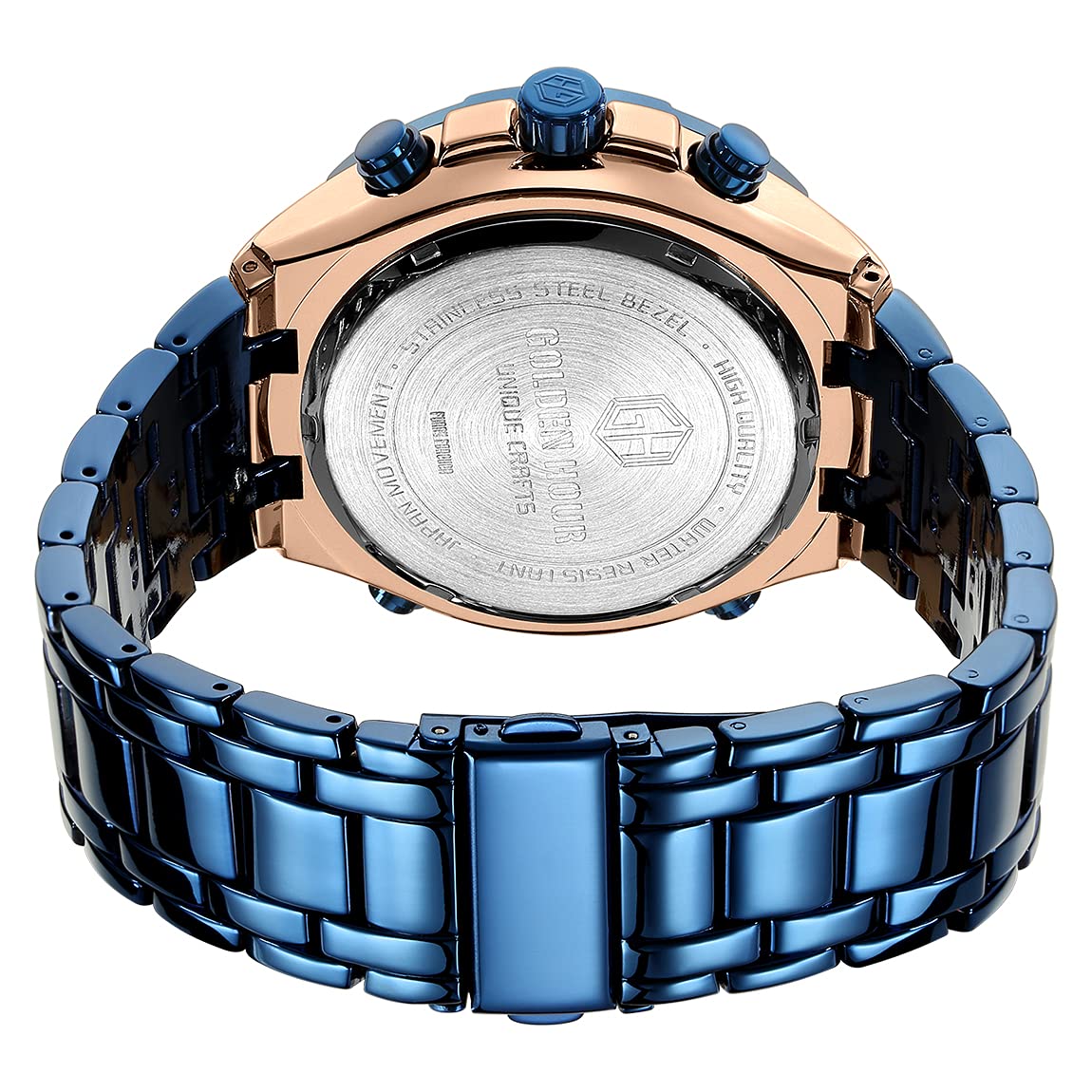 Affute Armbanduhr für Herren, Schwerer Chronograph aus Edelstahl, wasserdicht, mit Datums- und Alarmfunktion, Analog-/Digitalanzeige (Rose Gold Blue)