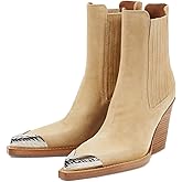 Goolita Suede Western Cowboy Boots For Women Metal Pointed Toe Stacked Block Heel Cowgirl Ankle Boots Vintage Slip On Short Booties