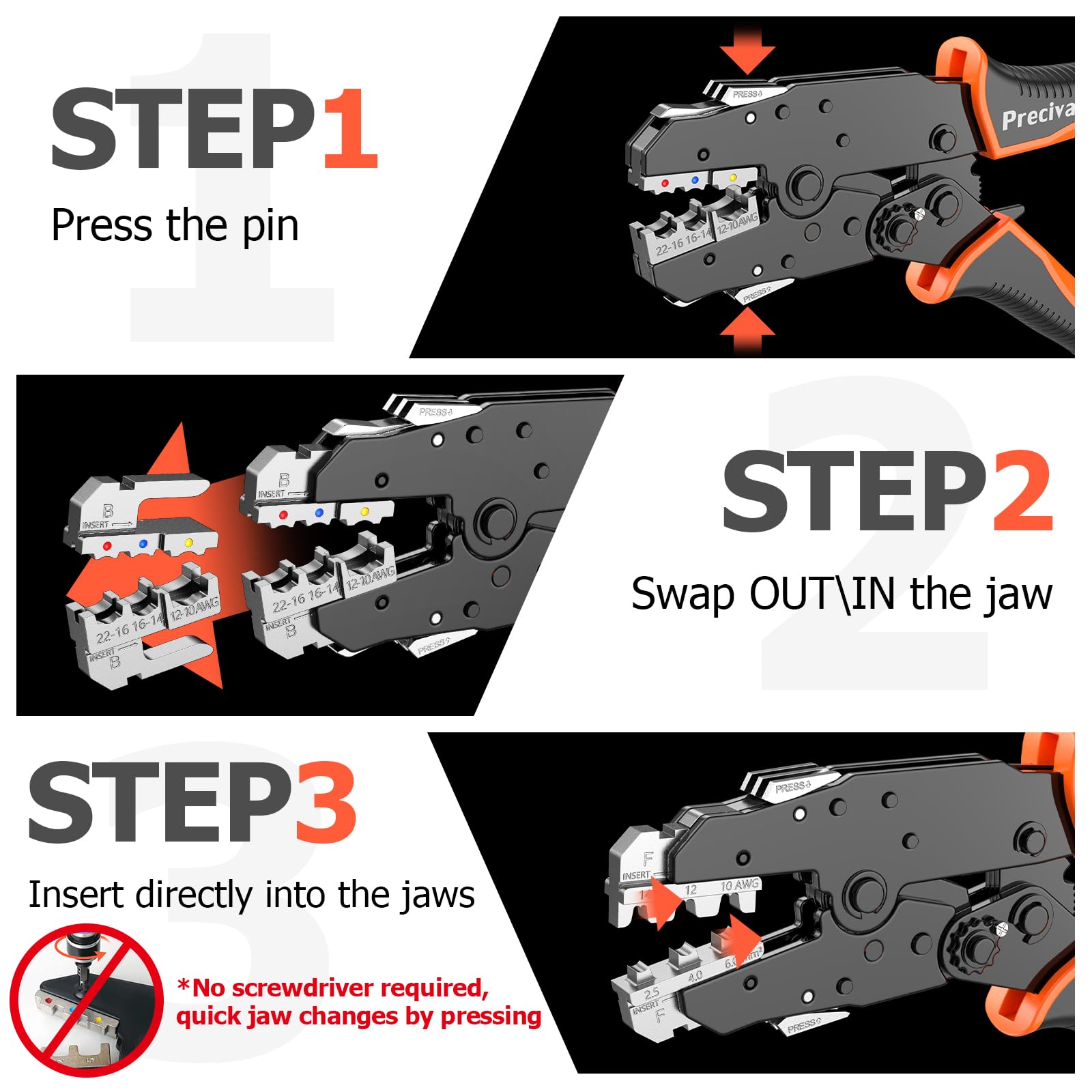 Crimpzange Set Wechselbacken, Preciva 6-teiliges Crimpwerkzeug Set mit Schnellwechselbacken für Aderendhülsen, Kabelschuhe, Schrumpfverbinder, Flachstecker, Solarstecker 4