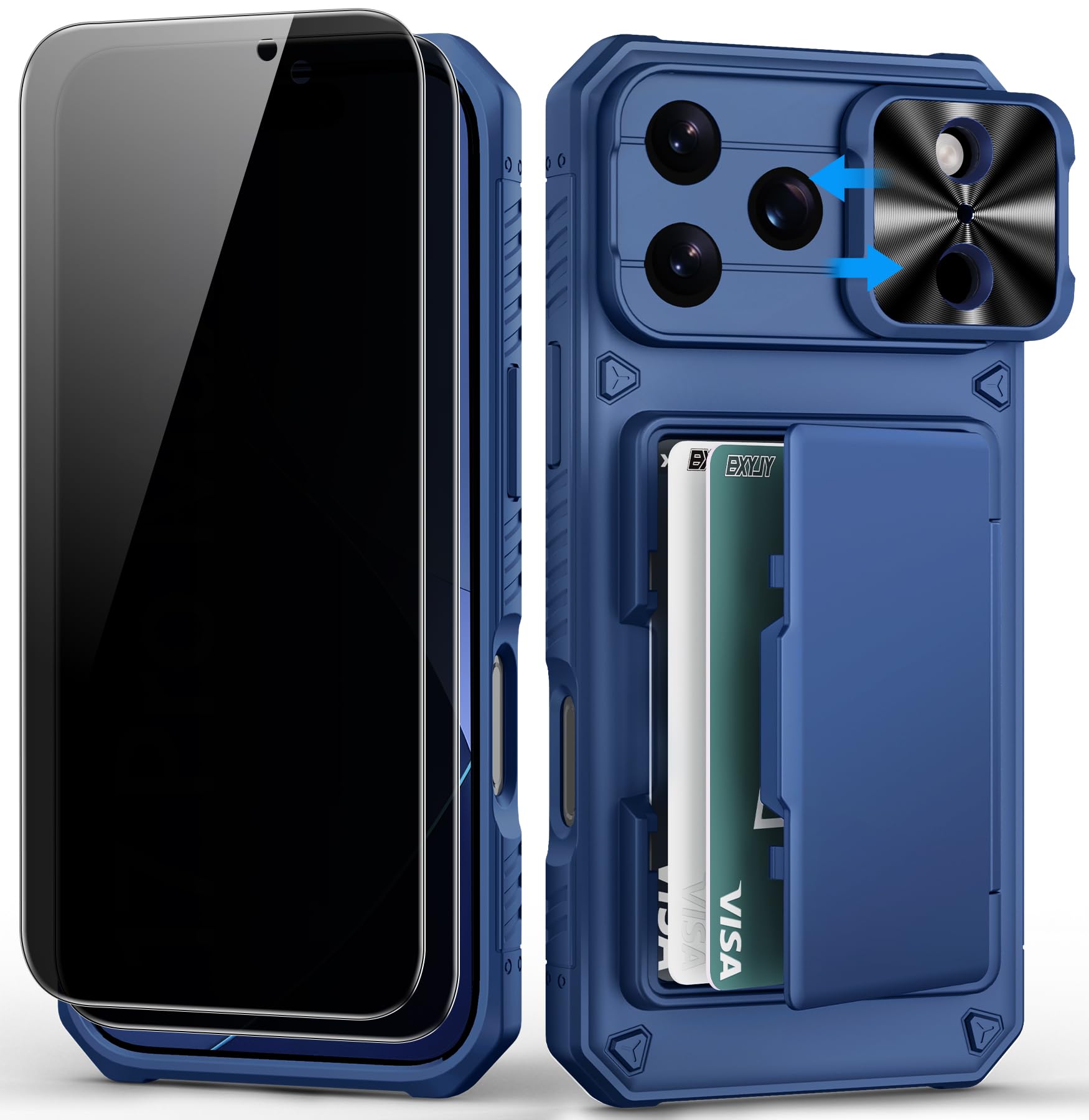 BXYJY for iPhone 17 Pro Max Wallet Case，2 Privacy Screen Protectors, Card Holder (4-5 Cards), Slide Camera Lens Cover, Military Drop, Rugged Heavy Duty Men Women Phone Case for iPhone 17Pro Max, Blue Image