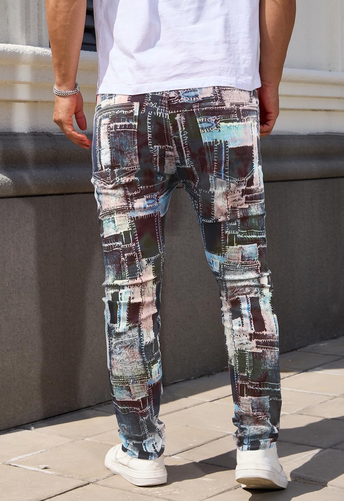 Gulots Men's Jeans Tie Dye Casual Printed Slim Fit Jeans Stretch Skinny Denim Pants for Men 30 Blue Plaid