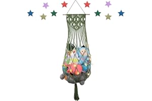 iHansee Stuffed Animal Storage, 63'' Jumbo Stuffed Animal Hammock Corner Wall Ceiling Over Door Hanging Toy Hammock Organizer, Avocado Green Toy Net w/ Boho Tassels Star Light for Nursery Boys Girls