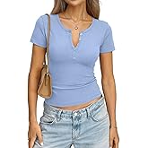 EasyGala Womens Cotton Short Sleeve Shirts V Neck Henley Tops Fitted Basic Going Out Tshirts Summer Fashion Outfits 2026