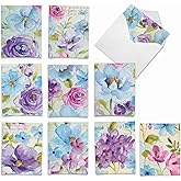 The Best Card Company - 10 Boxed Note Cards with Flowers - Blank Assorted Floral Notecards Bulk (4 x 5.12 Inch) - Cool Blossoms M1708BN