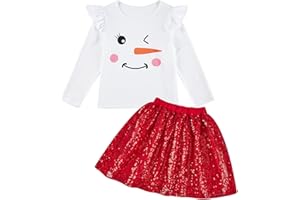 RAISEVERN Girls Christmas 2 Piece Outfit Glitter Skirt Sets and Ruffles Long Sleeve Shirts Tops Clothes 2-6 Years
