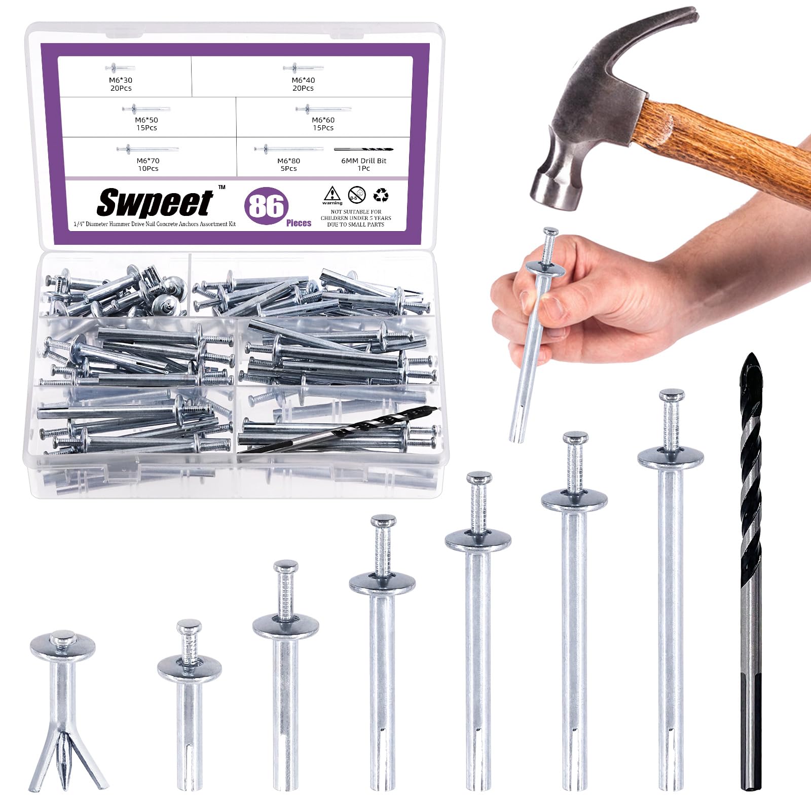 Swpeet 86Pcs 6 Sizes Alloy Steel Concrete Anchors Assortment, Hammer Drive Nail Set, 1/4" Diameter, Approx 1-3/16" 1-9/16" 2" 2-3/8" 2-3/4" 3-2/13" Length, with Drill Bit Approx 1/4" for Concrete
