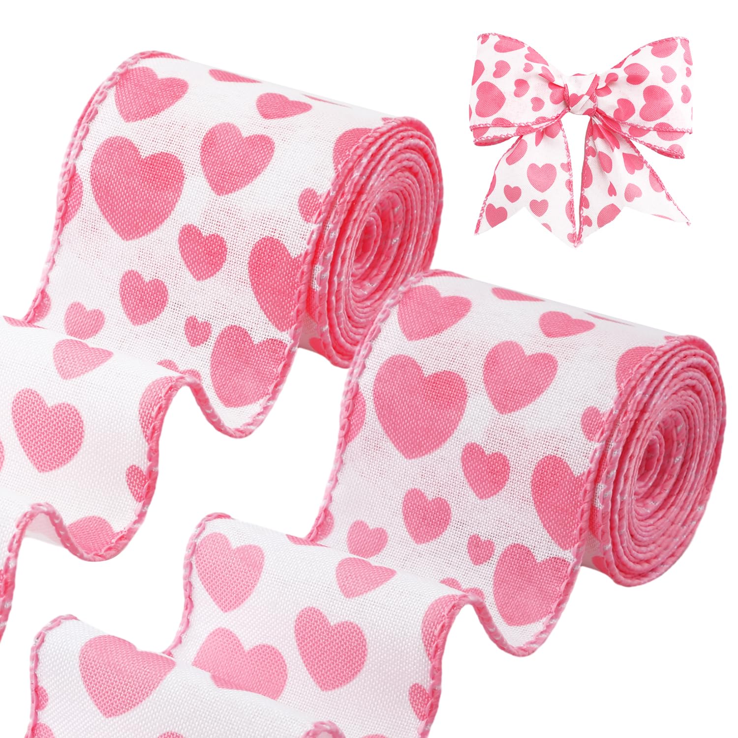 2 Rolls 12 Yards Valentine's Day Ribbon, Gift Wrapping Ribbon Love Heart Ribbon Burlap Wired Ribbon Wired Decorating Ribbon for Craft Present Wrapping (Pink and White), pink, white, 12 yard/10.97m
