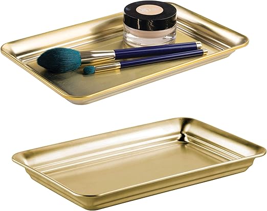 Amazon Com Mdesign Metal Storage Organizer Tray For Bathroom Vanity Countertops Closets Dressers Holder For Watches Earrings Makeup Brushes Reading Glasses Perfume Guest Hand Towels 2 Pack Soft Brass Home Kitchen
