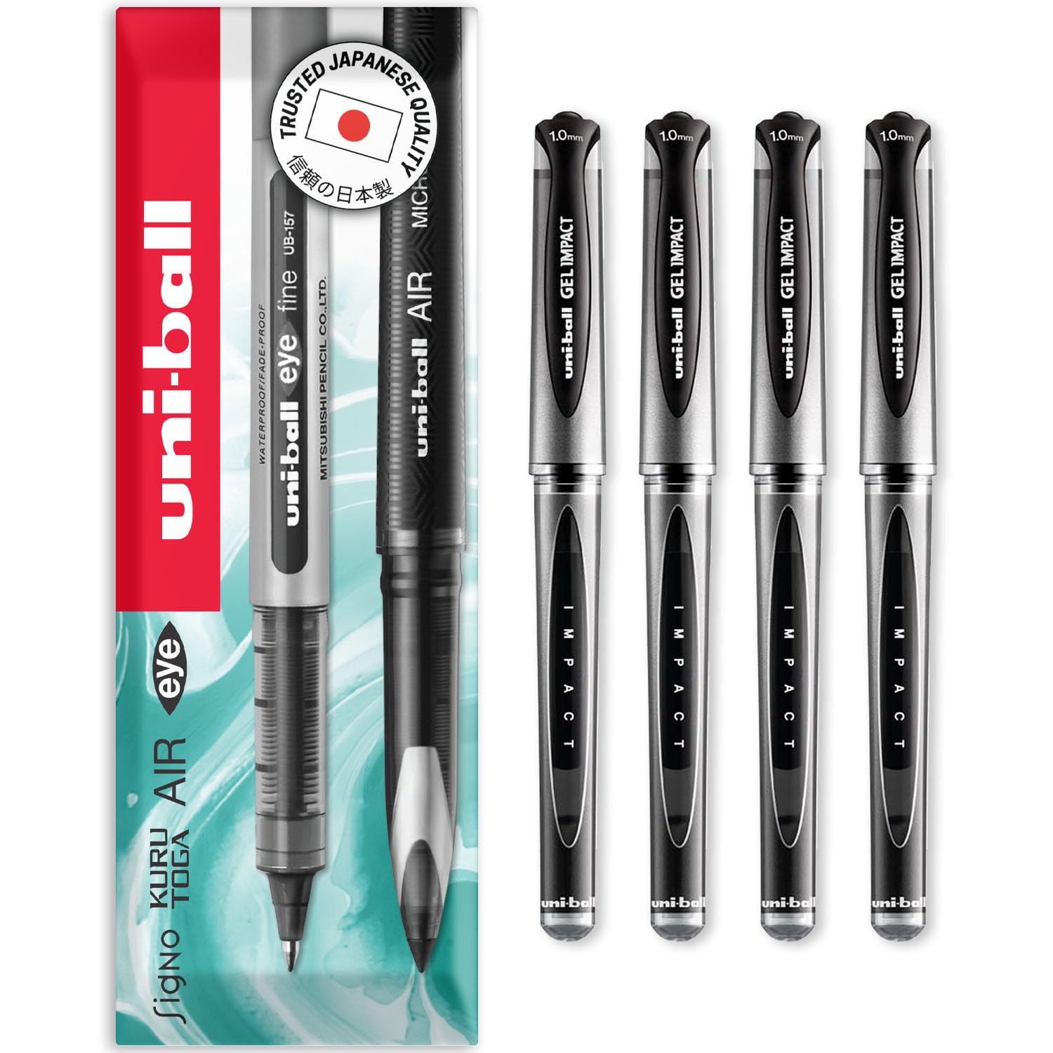 uni-ball Gel Impact Broad - UM-153S Rollerball Pens - 1.0mm Nib Tip - In Envelope Packaging (Pack of 4, Black)