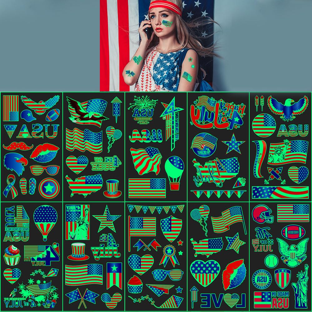 Photo 1 of 4th of July Temporary Tattoo, 10 Sheets Fourth of July Tattoo Stickers for Independence Day Party Supplies (dark)