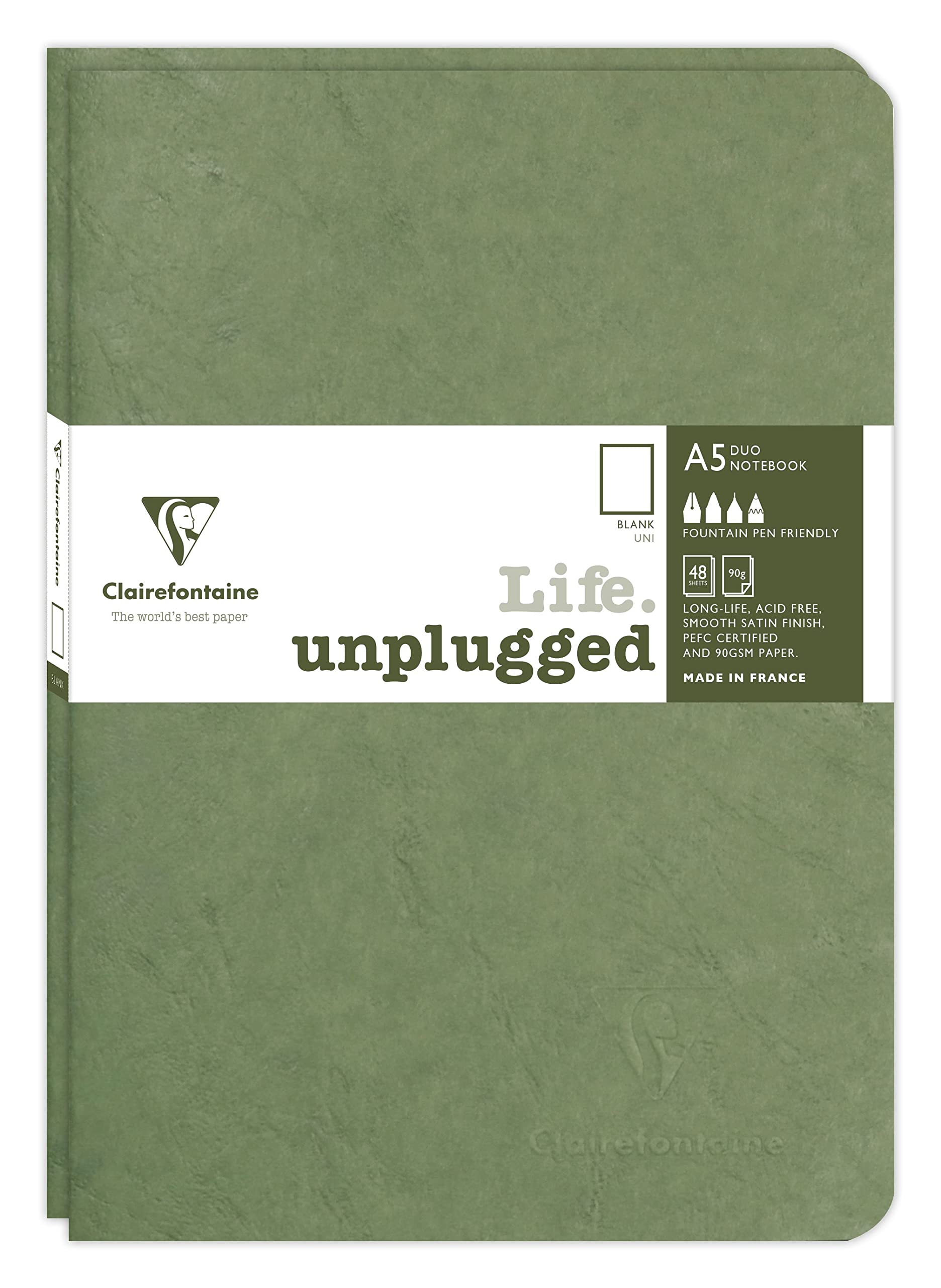 Clairefontaine 733183C Collection Age Bag Set of 2 Green Duo Stapled Notebooks - A5 15.8x21 cm - 96 Plain White Pages - 90 g Paper - Leather Grain Card Cover