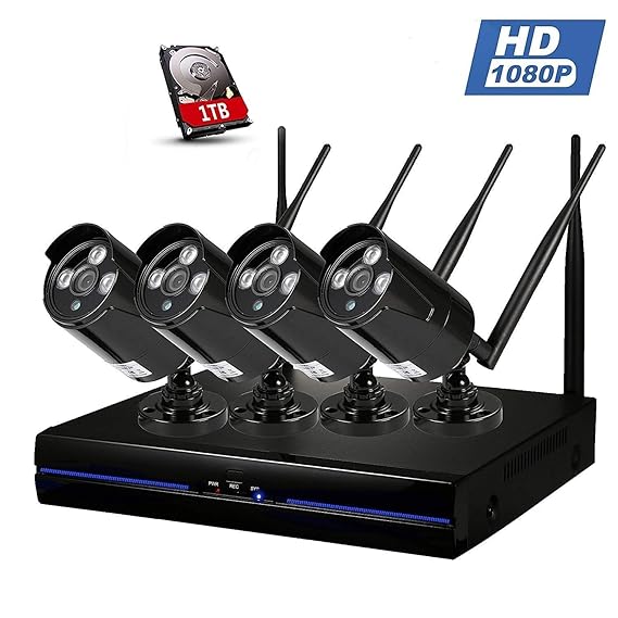 1080P 4CH WiFi IP Kamera Set, WLAN Überwachungskamera Kit Innen außen, Wireless Sicherheitskamera Outdoor, Drahtlose Funkkame