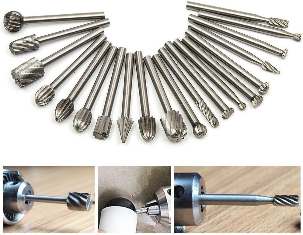 Tonsiki 20pcs Tungsten Carbide Rotary Burr Set with 1/8 Shank for DIY Woodworking, Carving, Engraving, Drilling