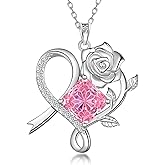 Aurora Tears Birthstone Love Heart Rose Pendant Necklace - 925 Sterling Silver Snowflake Cut Square Cubic Zirconia Ribbon Necklace Anniversary Birthday Jewelry Gift for Women Wife Mom Daughter