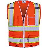 SKSAFETY 10 Pockets Safety Vest, Class 2 High Visibility Security with Zipper, Hi Vis Vest with Reflective Strips, ANSI/ISEA Standard, Construction Work Vest for Men ＆ Women （Orange, L）
