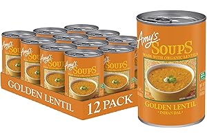 Amy's Soup, Vegan Golden Lentil Soup, Gluten Free Indian Dal, Made With Organic Red Lentils and Yellow Split Peas, Canned Soup, 14.4 Oz (12 Pack)
