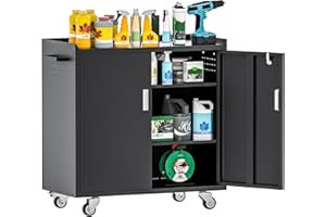 Garage Storage Cabinet,Metal Garage Cabinet with Adjustable Shelves and Locking Doors,Rolling Tool Storage Cabinet with 4 Whe
