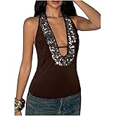 MakeMeChic Women's Sequin Tops Glitter Halter Tie Open Back Sleeveless Y2K Party Crop Tank Tops