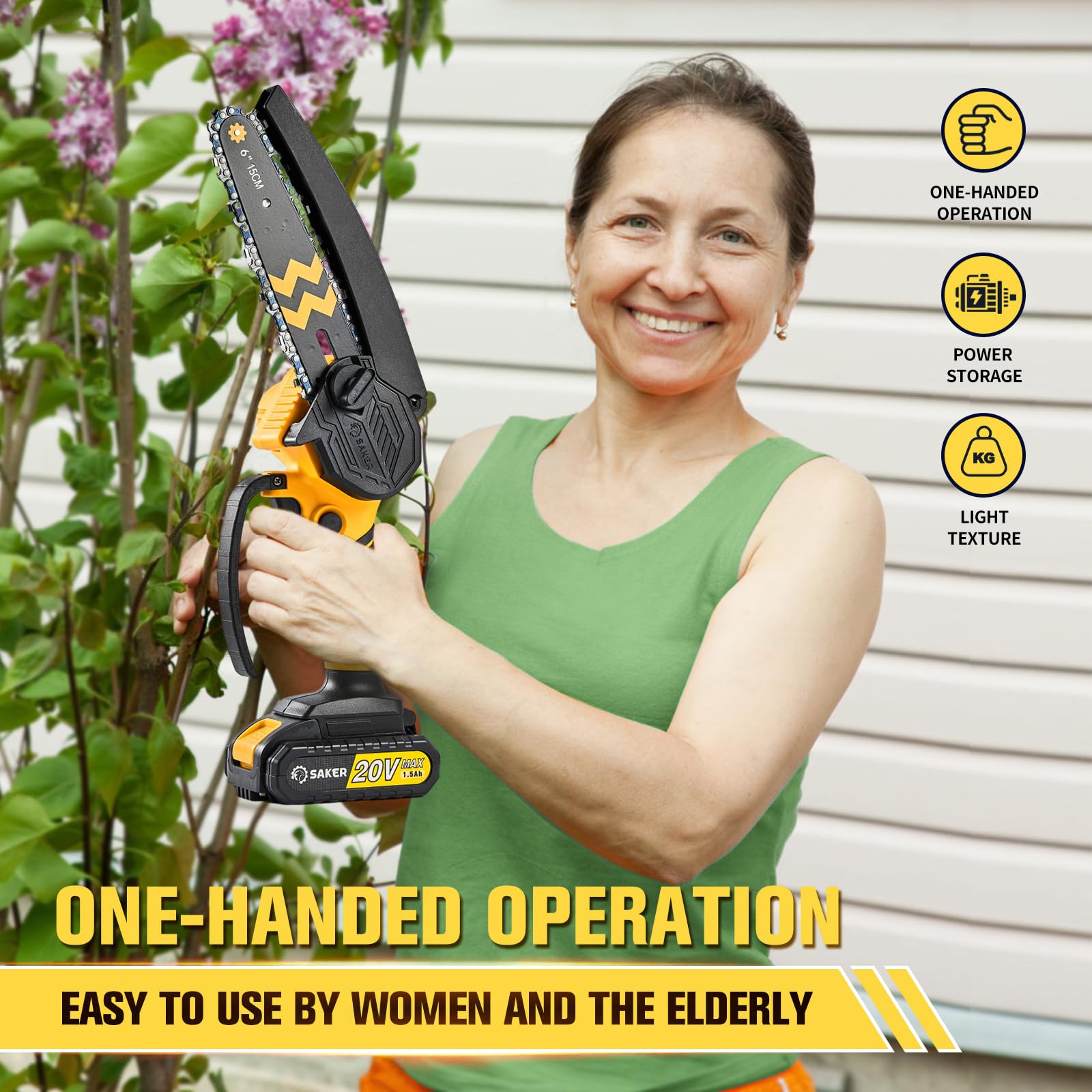 Saker Mini Chainsaw Cordless 6-Inch-Switch Security Lock-Cordless Power Chain Saws-Handheld Small Chainsaw for Cutting Wood Trimming and Woodworking- Mini Chain Saw Cordless with 2 Batteries