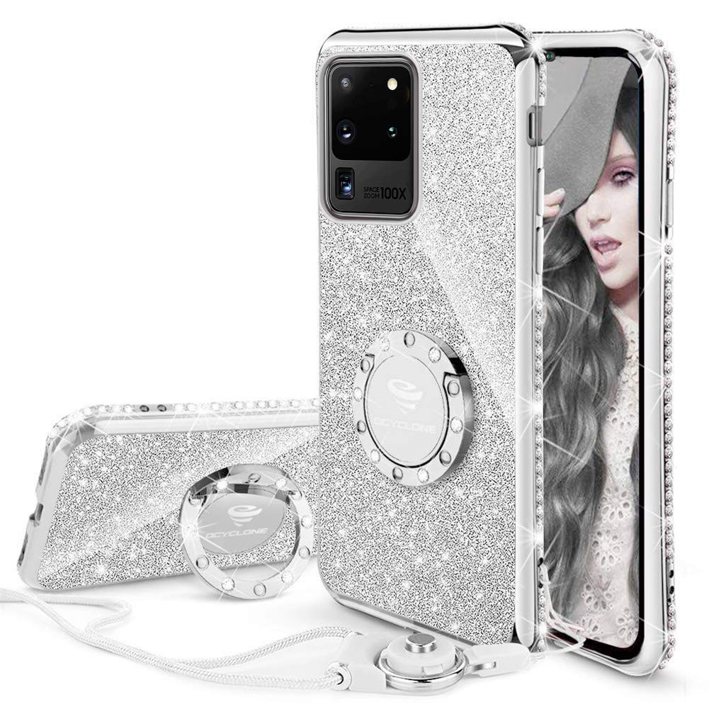 OCYCLONE for Galaxy S20 Ultra Case, 6.9in Glitter Diamond Kickstand S20 Ultra Case with Ring&Lanyard Designed for Girls Women, Bling Protective Case for Samsung Galaxy S20 Ultra - Silver