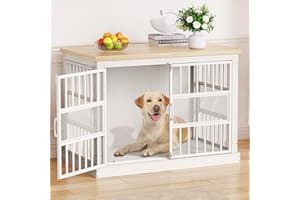 VOPEAK Dog Crate Furniture, Chew Resistant Large Dog Crate for Medium Large Dogs, Heavy Duty XL Dog Crates Dog Kennel Cage Indoor with Double Doors, Wooden End Table for Bedroom Living Room, White