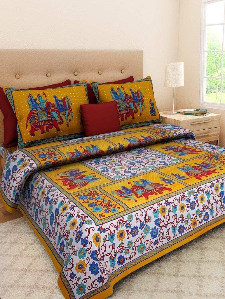 Voguedrift Mustrad 100% Cotton Rajasthani Jaipuri sanganeri Traditional King Size Double Bed Sheet with 2 Pillow Covers