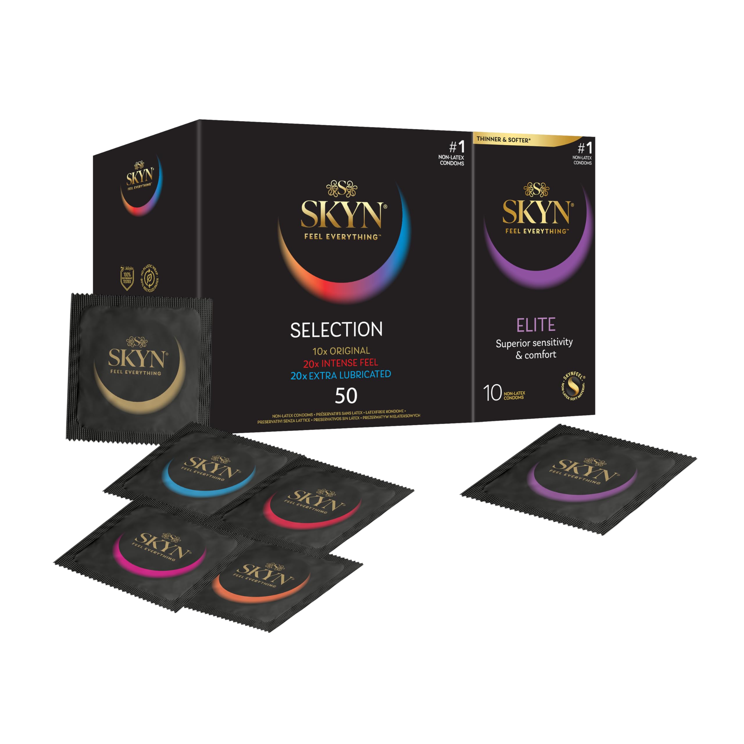 Skyn Selection Condom Pack 50 & 10 Elite/20 x Intense Feel, 20 x Extra Lubricant,10 x Original and 10 Elite.