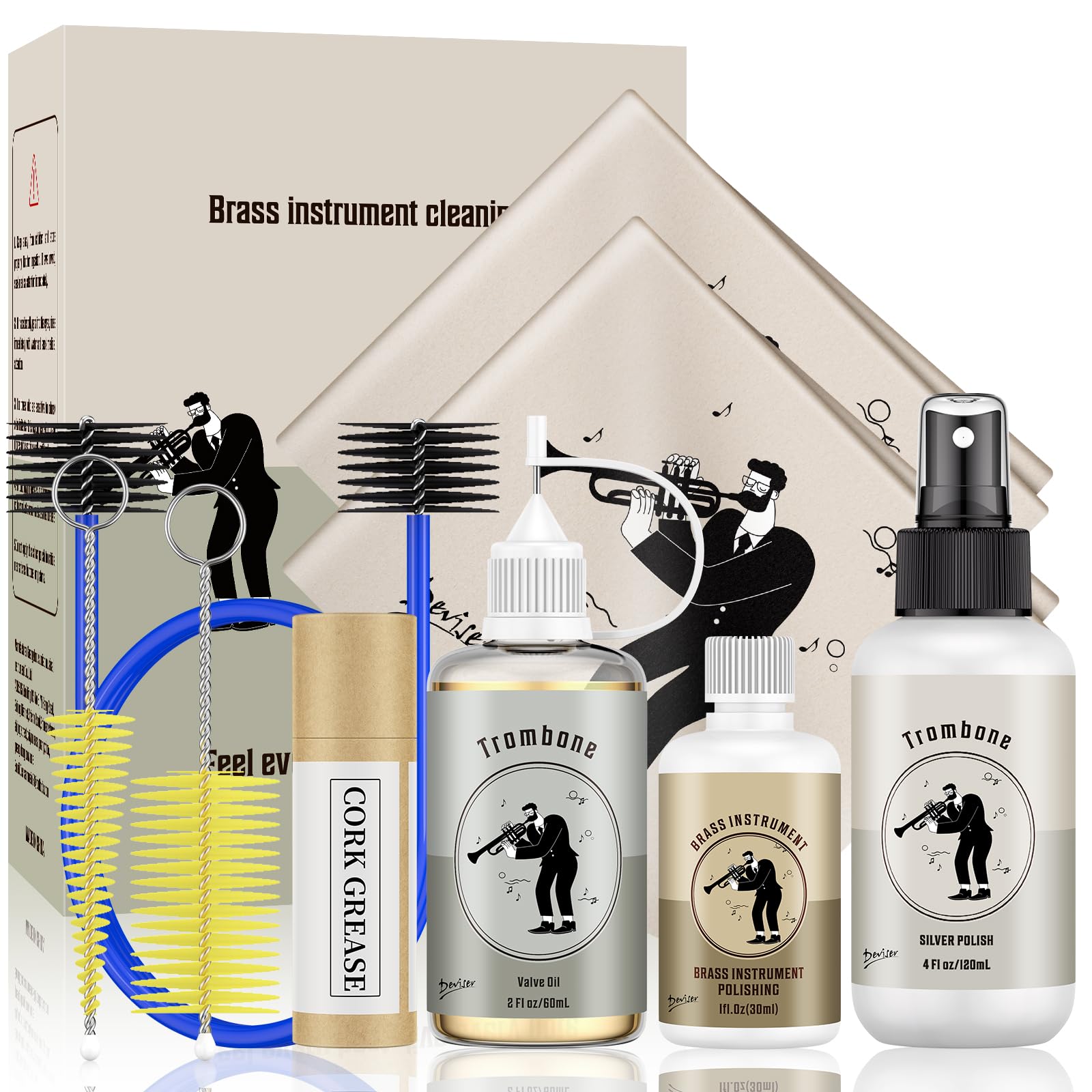 Photo 1 of Complete Trombone Care Kit - Includes Silver Polishing,Valve Oil,2 Cleaning Cloths,Cork Grease,and Cleaning Brush