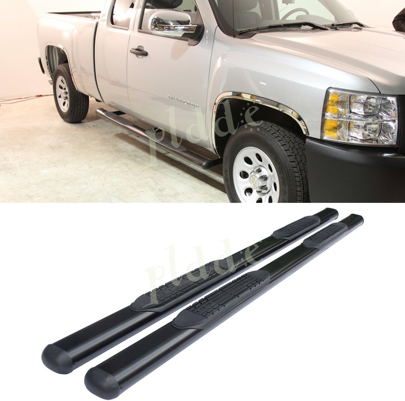 PLDDE 2pcs 4" Oval Tube Black Carbon Steel Side Step Nerf Bars Running Boards + Brackets Fit 99-18 Chevy Silverado/GMC Sierra 1500/2500/3500 Extended/Double Cab With 2 Half Size Rear Doors