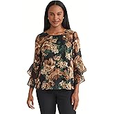 Kasper Womens 3/4 Ruffle Sleeve Printed Top