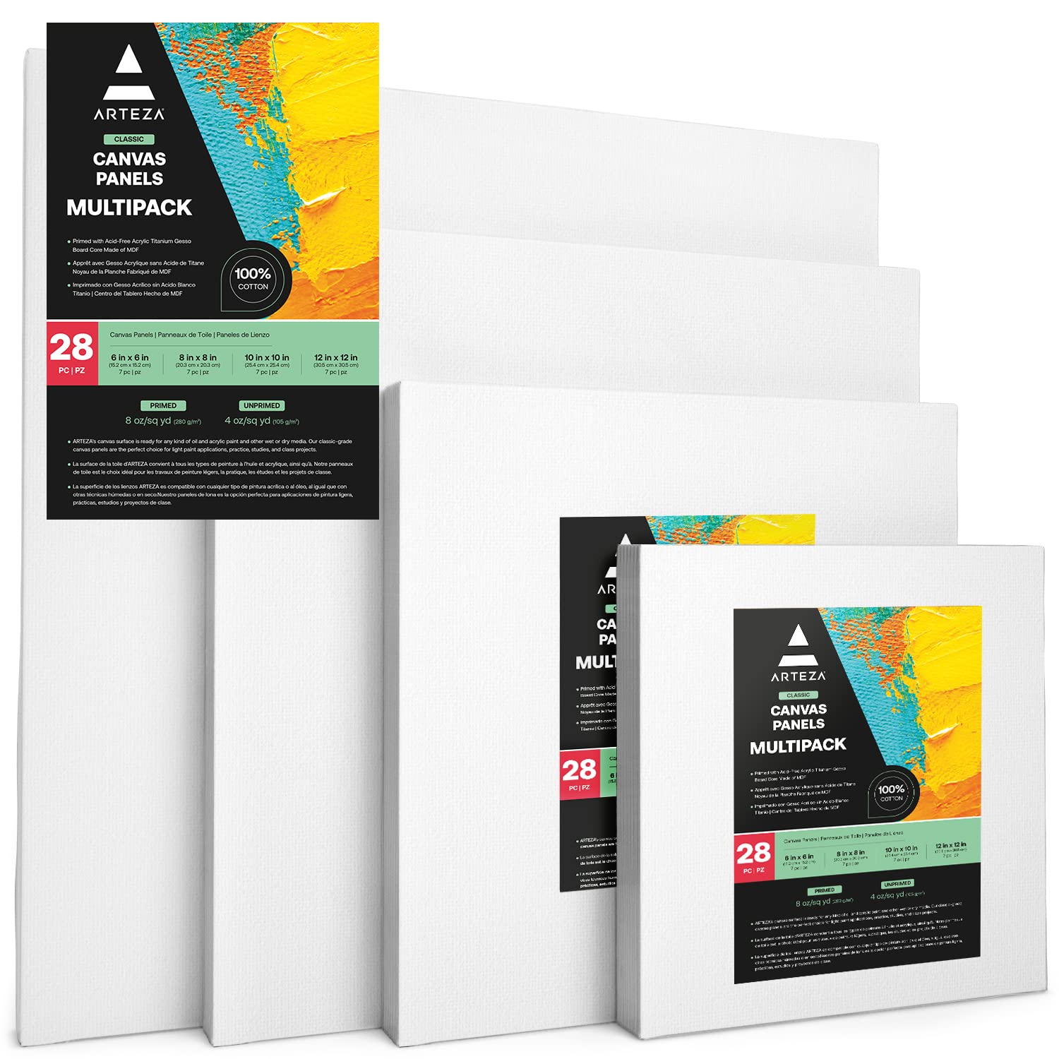 Arteza Painting Canvas Panels Multi Pack, 15cm x 15cm, 20cm x 20cm, 25cm x 25cm, 30cm x 30cm Set of 28, Primed White, 100% Cotton with Recycled Board Core, for Acrylic, Oil