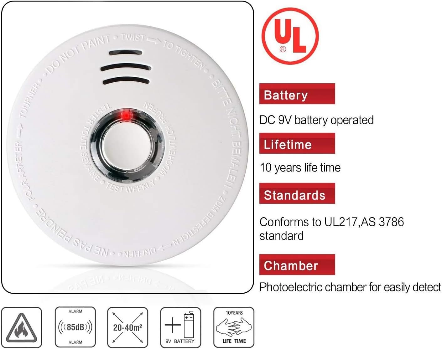 Smoke Detector Fire Alarm, 2 Packs Photoelectric Smoke Detectors with UL Listed, 9V Battery Operated Smoke Detector (9V Battery Included), 10 Years Life Time, Fire Safety for Home, Hotel, School etc - - 