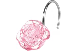 POPKOZZI Pink Flower Shower Curtain Hooks: Blush Crystal Glitter Ice Textured Decorative Rings for Floral Rose Leaf Plant Spring Shower Curtain - Cute Rustproof Stainless Steel Rings for Girls Bathroom Decor
