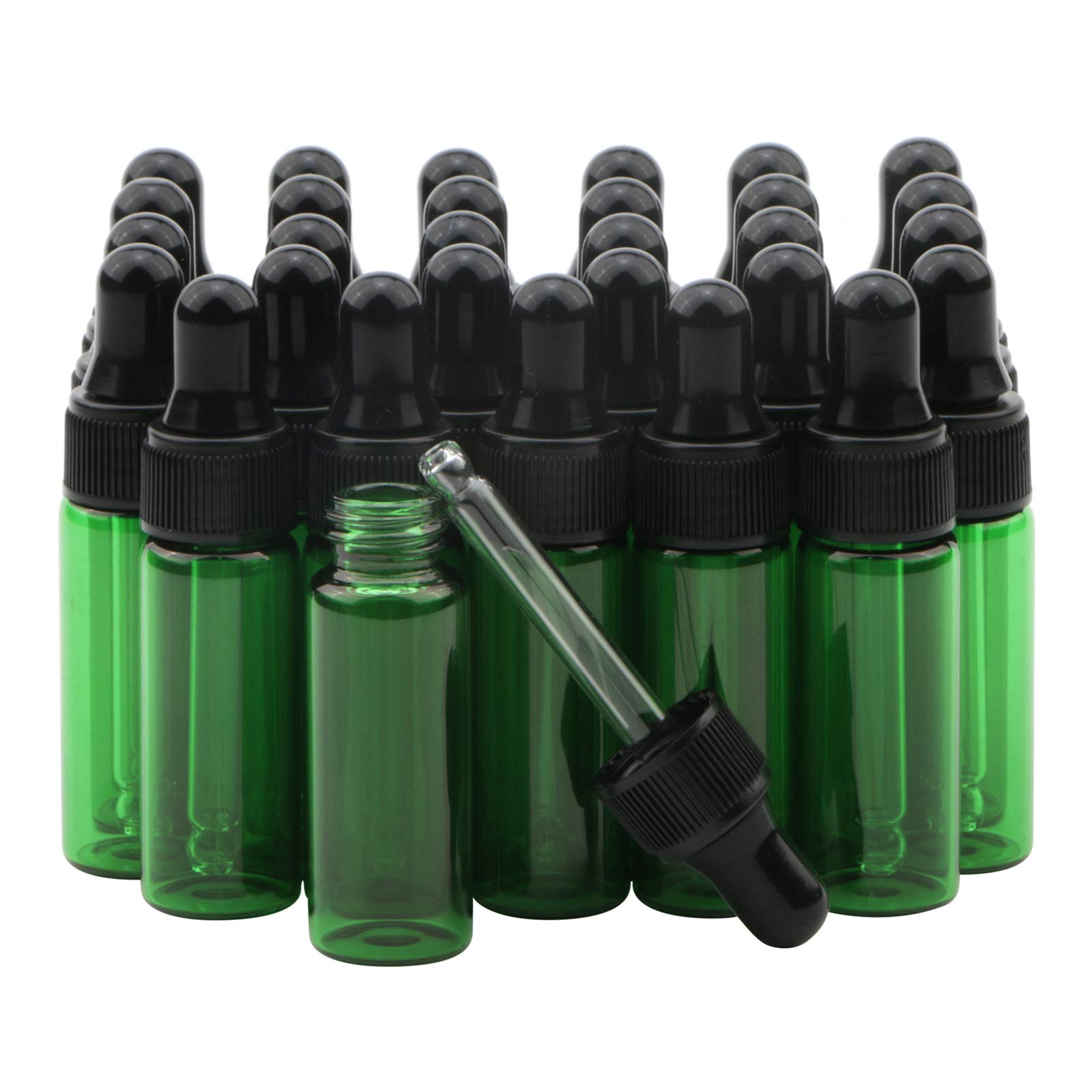 Rowiz 30 PCS 5ml Small Dropper Bottles Essential Oil Glass Bottle,Lotion Perfume Sample Vials with Glass Eye Dropper and Black Caps Bottle. (green)