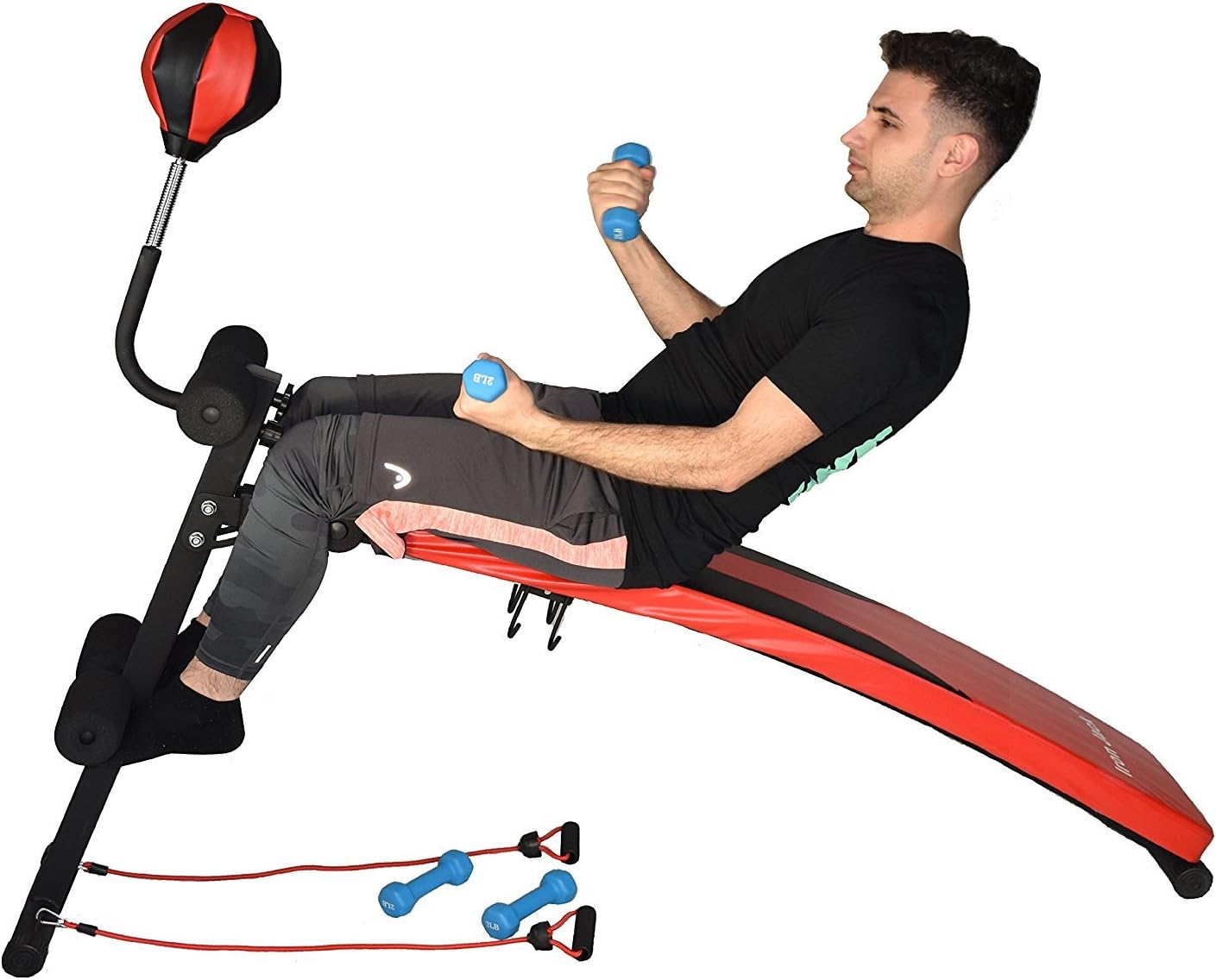 GYM QUALITY Premium Professional Adjustable Curved Sit-Up Bench Crunch Board Ab Bench Slant Board with Dumbbells and Punching Ball