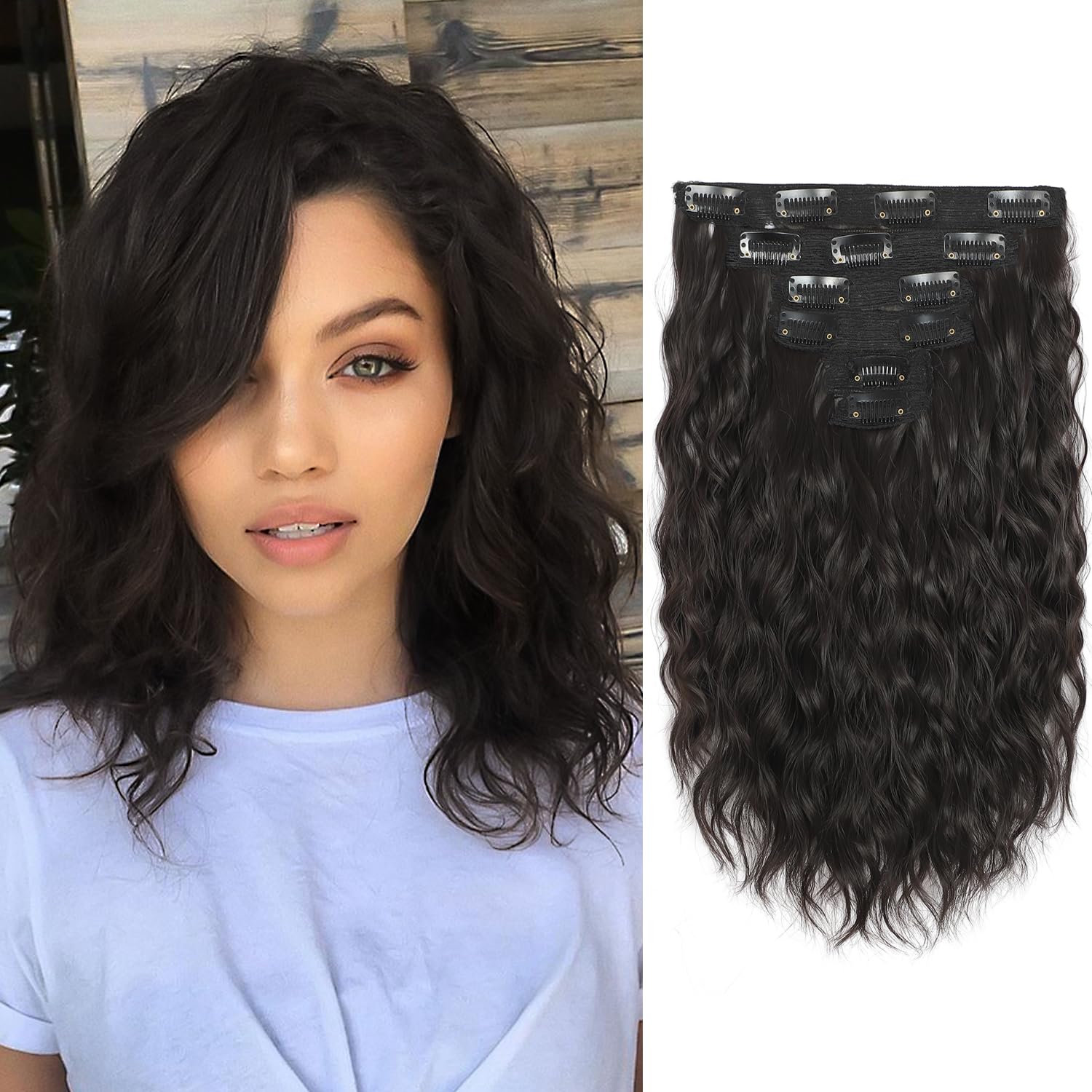 Photo 1 of TYQ Hair Extensions 6PCS Curly Clip In Hair Extension 12" Short Curly Wavy Black Brown hair extensions Invisible Lace Weft Natural Soft synthesis Hairpieces-Black Brown