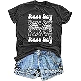 FCGHSII Racing Shirts for Women: Race Day Tees Checkered Flag Graphic T-Shirts Racecar Lover Short Sleeve Blouse Tops