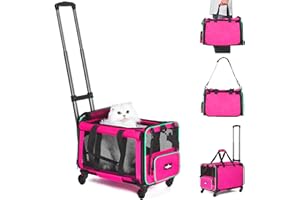 Paw Ballet Airline Approved Pet Carrier with Wheels, Foldable Rolling Cat Dog Carrier with Wheels Telescopic Handle for Outdoor Vet Visits, Cat Carrier Travel Bag for Cat Dog Under 20 lbs, Pink