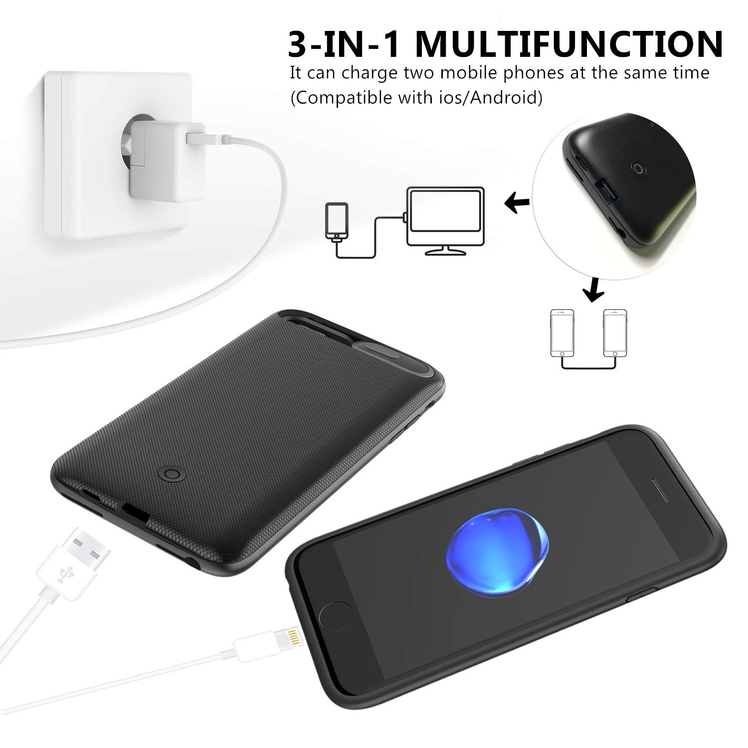 PADITECH 6000mAh Akku hülle für iPhone 8/iPhone 7/iPhone 6/6s, Kamera Schutz Design, Ladegerät Batterie Hülle Zusatzakku Schwarz Power Bank für iPhone 6/6S/7/8 Akku hülle, Schwarz [4,7 Zoll]