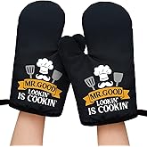 Mr.Good Lookin' is Cookin' Funny Black Oven Mitts with Hanging Loop and Silicone Non-Slip, Family Cooking Baking Kitchen Utensils 2-Piece Set, Valentine's Day Gifts for Husband Wife Chef