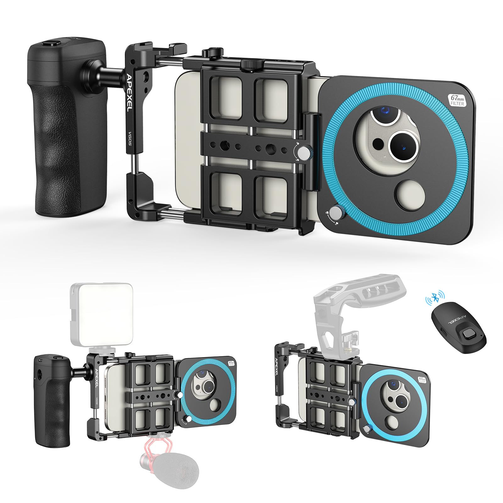 Photo 1 of APEXEL Universal Phone Rig Video Kit. Aluminum Handheld Smartphone Vlogging Cage with Rechargeable Handle Wireless Bluetooth Shutter, Phone Stabilizer for Videomaker Compatible with iPhone/Android.