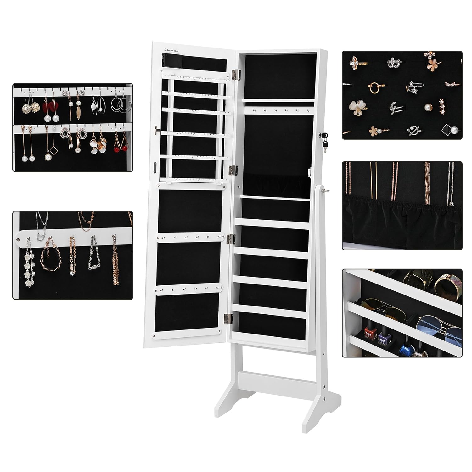 SONGMICS Espejo Joyero Con Luces LED Y Cerradura Armario De Pie