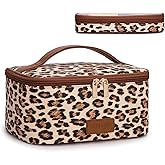Montana West X Wrangler Travel Makeup Bag 2pcs Set Large Cosmetic Bag with Makeup Brush Holder Portable Make Up Organizer Cute Toiletry Bag with Divider and Handle for Women Leopard