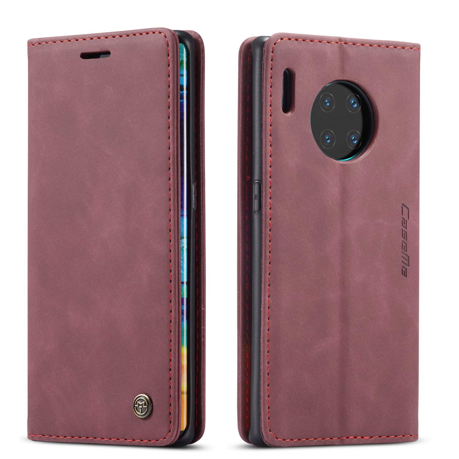 mvced Premium PU Leather Case Flip Wallet Phone Cover with Kickstand Card Slots TPU Shell Compatible with Huawei Mate 30 Pro,Wine Red