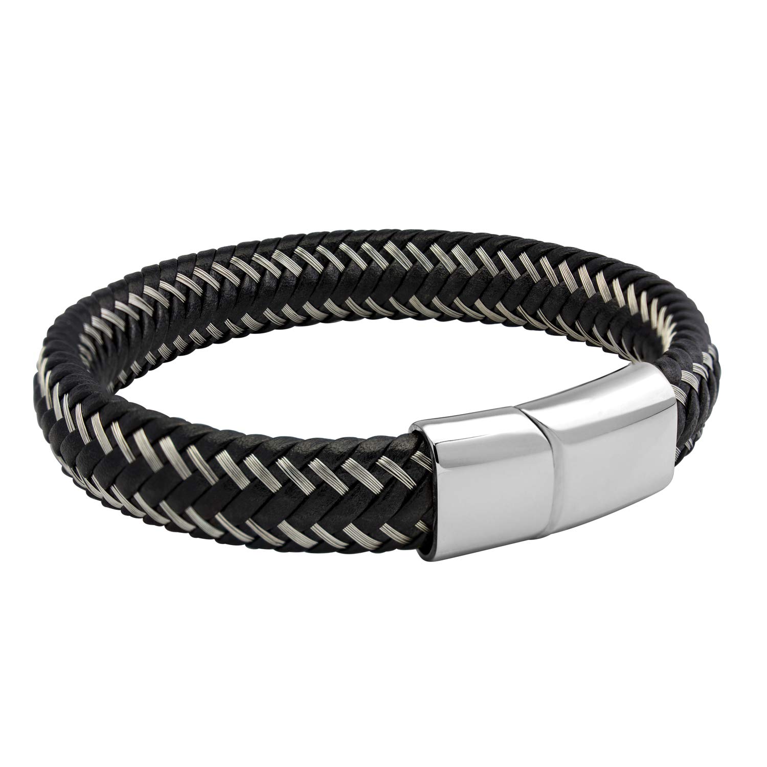 555Jewelry Mens Bracelets Leather and Steel, Magnetic Clasp Braided Silver & Black Leather Bracelets for Men, Mens Leather Bracelet, Men Bracelets, Silver, 8.25 Inch