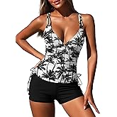 ZAFUL Women's 2025 Tankini Swimsuits Ruched Top Two Piece Tummy Control V Neck Bathing Suits with Short