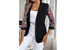 Women's Floral Embroidered Mesh Sleeve Blazer Lightweight Button Down Blazer Jacket Casual Office and Party Outerwear