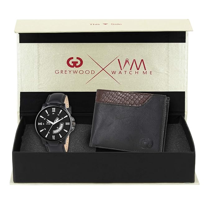 Watch Me X Greywood Mens Black Leather Wallet & Day Date Analog Watch Combo Gift Set WMGW-007-DDWM-049p4