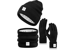 SENPUKI Winter Smiley Face Beanie Hat Scarf Gloves Set Women Men,Cute Hats Fashionable Warm Neck Warmer Touchscreen Gloves Sets